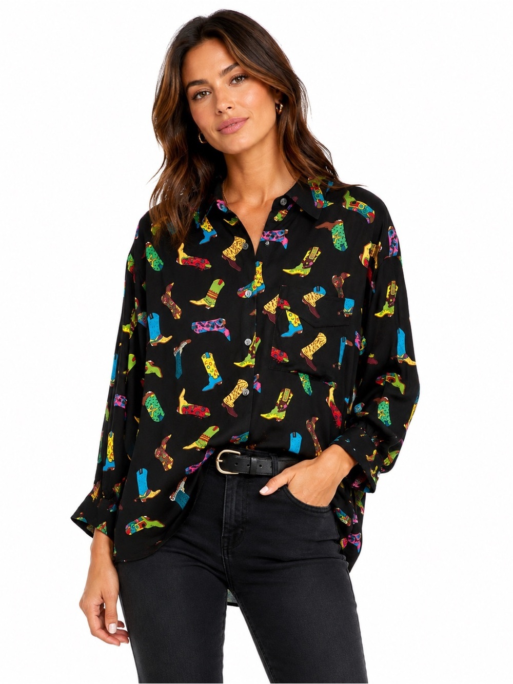 Two Two Silk Cowboy Boot Print Blouse Black Western Novelty Shirt L/XL - Picture 1 of 6